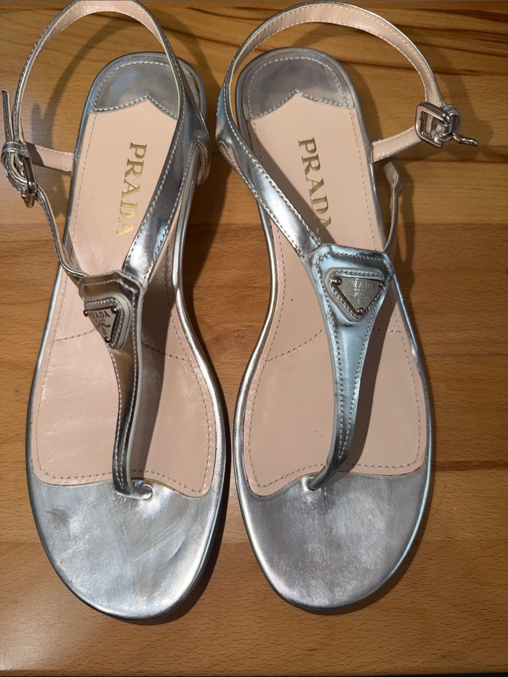 Prada Metallic Silver T-Strap Logo Sandals